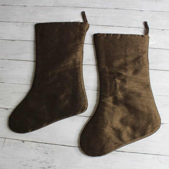 Christmas Brown Satin Stockings Beaded Jewels 17" Lot of 2 - Picture 3 of 5